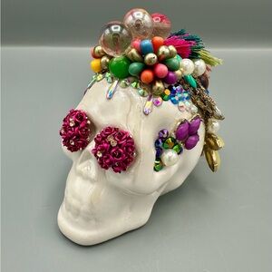 Hand Crafted Iridescent Ceramic Jeweled Skull | Maximalist Gothic Glam Sculpture